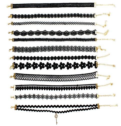 Syleia Set of 12 Black Lace Embroidery Style Ribbon Choker Necklaces with Unique Flower and Geometric Designs, Adjustable, Comfort Fit