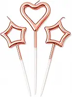 Vela Decorativa para Bolo de Aniversário Coração e Estrela Rosê Gold 10cm – Kit 3 Peças Metalizada – Decoração Festa