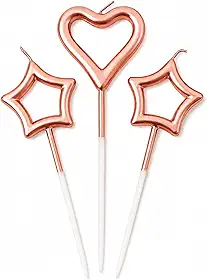 Vela Decorativa para Bolo de Aniversário Coração e Estrela Rosê Gold 10cm – Kit 3 Peças Metalizada – Decoração Festa