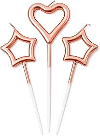 Vela Decorativa para Bolo de Aniversário Coração e Estrela Rosê Gold 10cm – Kit 3 Peças Metalizada – Decoração Festa