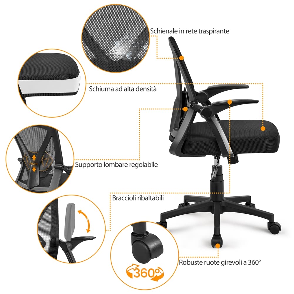 Yaheetech Sedia da Ufficio Scrivania Ergonomica Lombare con Braccioli Altezza Regolabili Ruote Girevoli Schienale in Rete Traspirante Portata 136 kg Nera