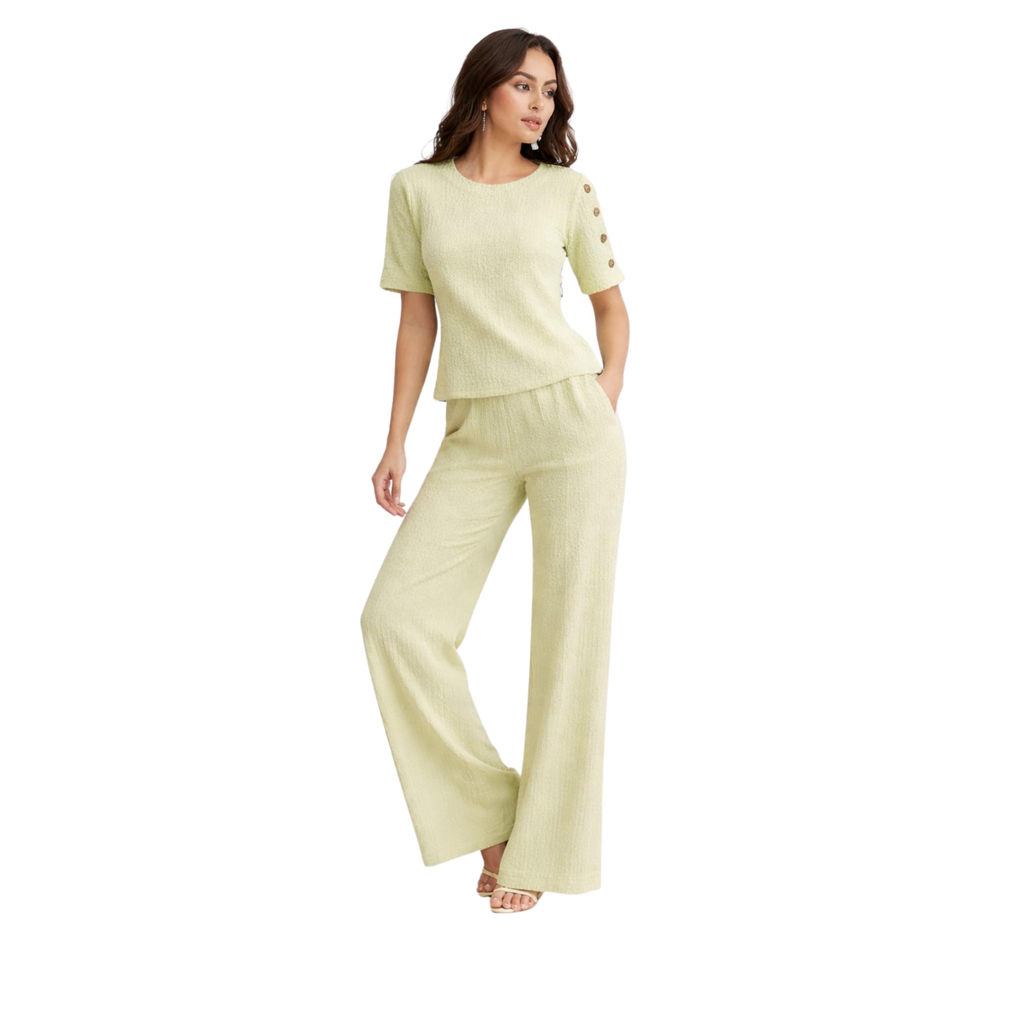 Women’s Co-Ord Set | Premium Crepe Fabric Textured Top & Wide Leg Pants | Elegant Lightweight Casual, Formal, Office Summer Outfit-image-28