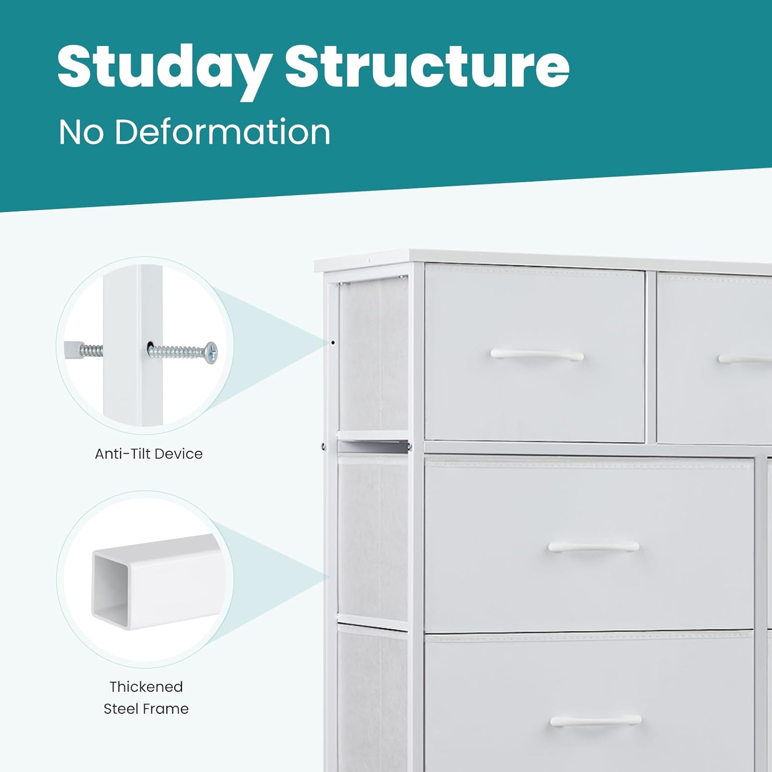 OLIXIS Dresser for Bedroom, 9 Storage Drawers, Wide Fabric Closet Chests Organizer Tower Furniture, TV Stand with Wooden Top Metal Frame for Clothes, Living Room, Hallway, Entryway, Classic White White 11.8"D x 39.4"W x 40"H (9 Drawers)