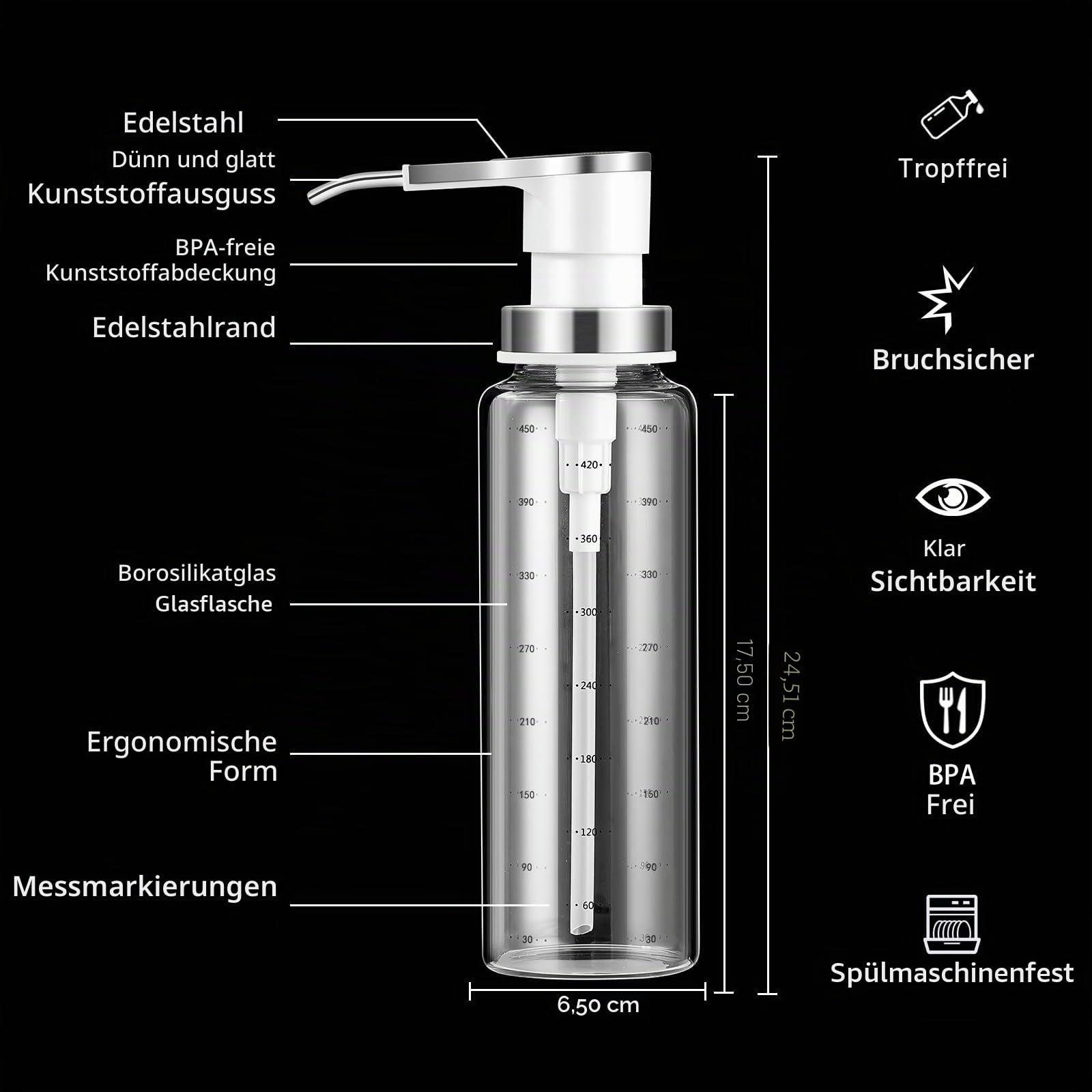 Saucenpumpenspender, Kaffeesirupspender, 4 x 500 ml Glasflasche mit Edelstahlpumpen, auslaufsicher, Pumpen in Lebensmittelqualität für Honig, Sirup, Öl, Gewürze, Salatdressings (4X)