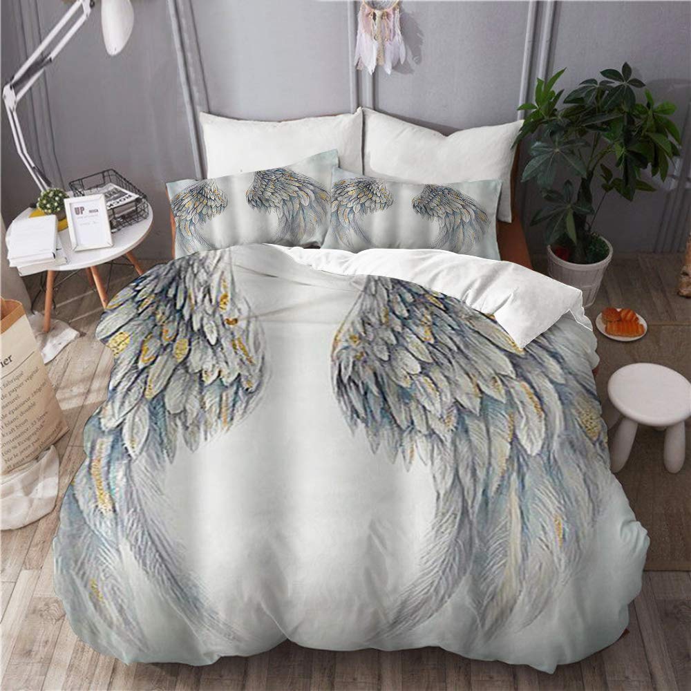 Qinco White Bedding-Duvet Cover Set,Dreamy Angel's Wings & Blue Print,Microfibre 230X220 With 2 Pillowcase 50X80,King