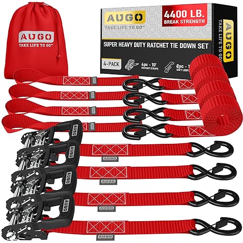 Image of AUGO Heavy Duty Ratchet Straps & Soft Loops - Pack of 4 Extra Strong 1.5 inch by 10' Ratchet Straps w /S-Hook Safety Latches & 4 Soft Loop Tie Downs - 4400Lb Break Strength for Motorcycles, ATVs, Etc.