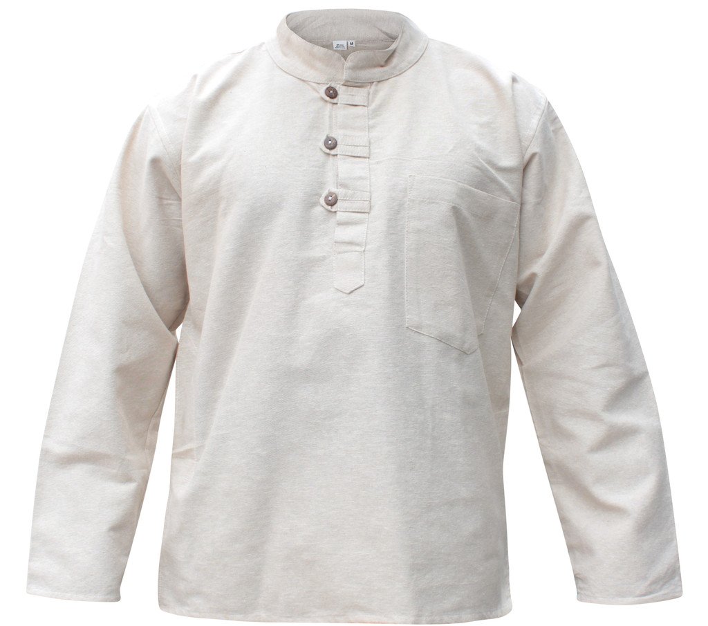 SHOPOHOLIC FASHION Mens Hemp Grandad Shirt Hippy Light Tops (2XL,Cream)
