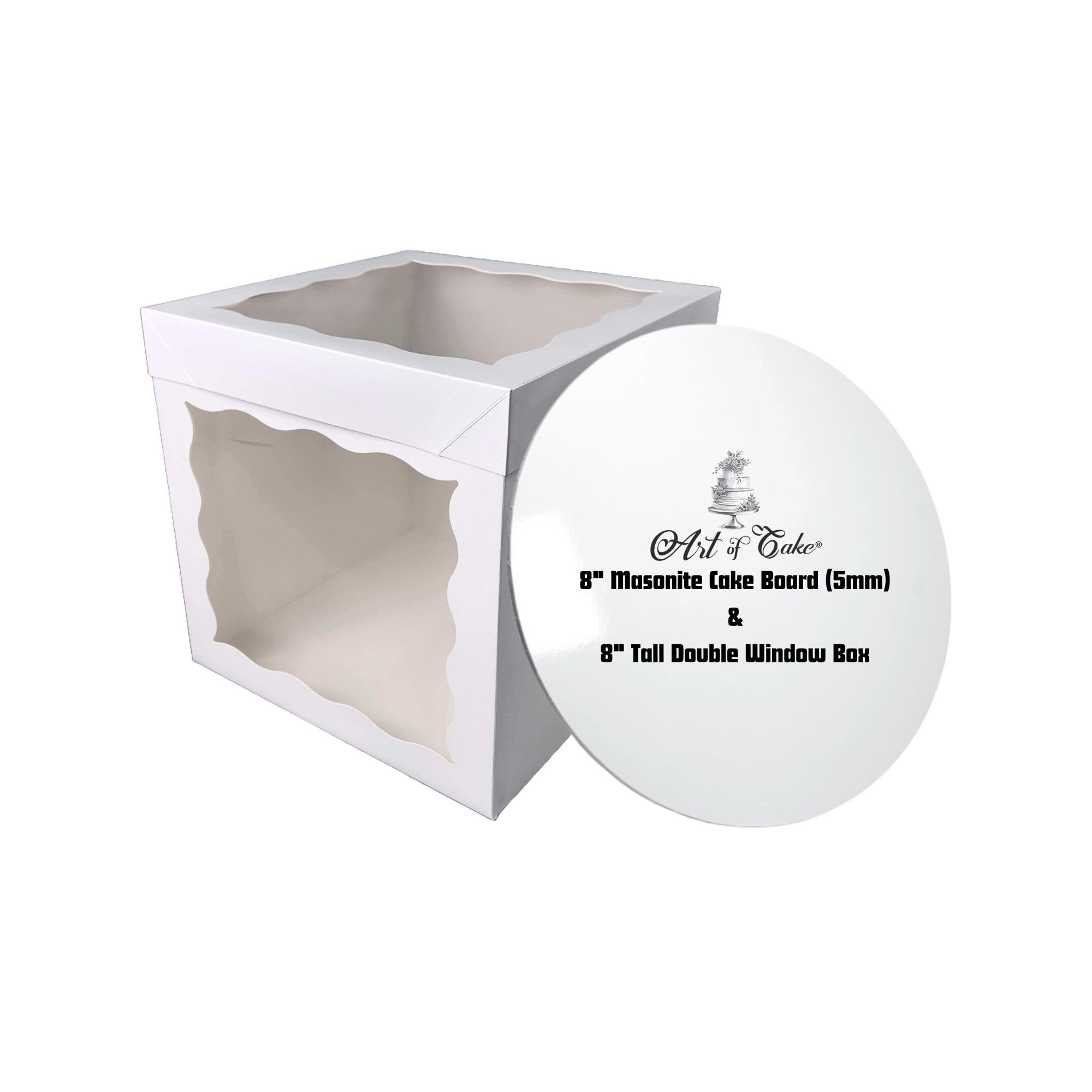 Art Of Cake White Art Of Cake® 8 Inch Round Masonite Cake Board & 2 Sided Window Tall Cake Box Combo - 5Mm Thick Cake Drum With Matching Box - For Tiered Birthday Wedding Celebration Cakes (203Mm)