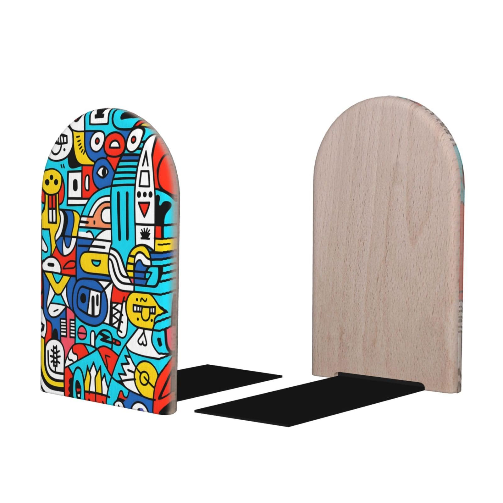 Mexpekil Cartoon Abstract Graphics Wooden Bookends for Shelves Heavy Duty Book Holder Organizer Non-Slip Book Stopper for Desk Office Library for Readers 1 Pair