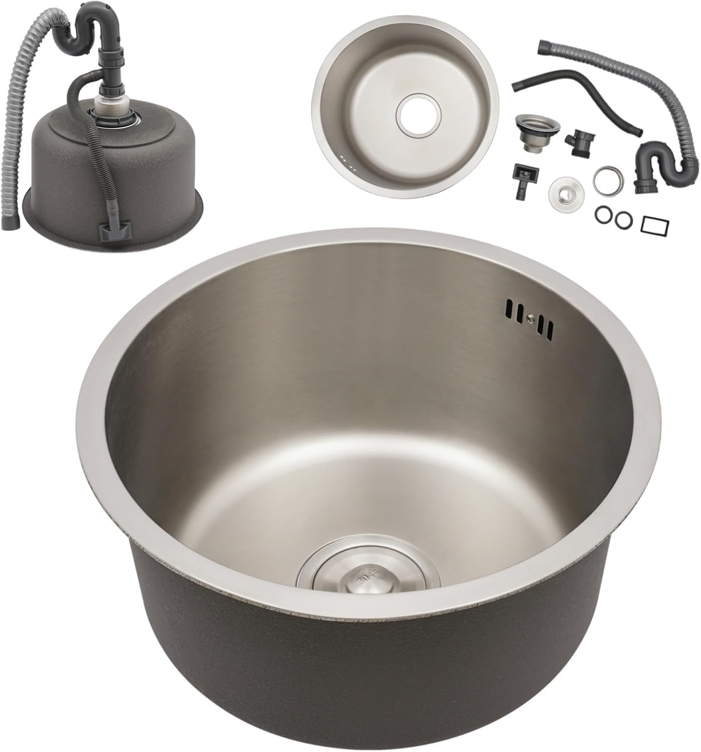 Lavello rotondo in acciaio inox 304, 38 x 38 cm, con tubo di scarico e tubo di troppopieno, per cucina, campeggio e bar