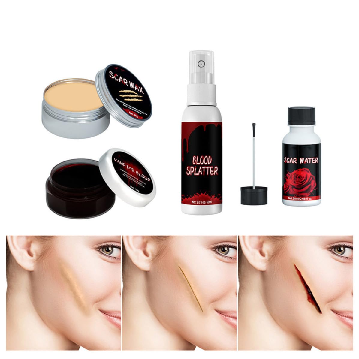 Mobestech 20 Piezas Kit de Maquillaje para Halloween Cicatrices y Sangre Falsa Gel, Cera Cutánea de 30g y Plasma de 60ml para Efectos Obsequios en Celebraciones Festivas