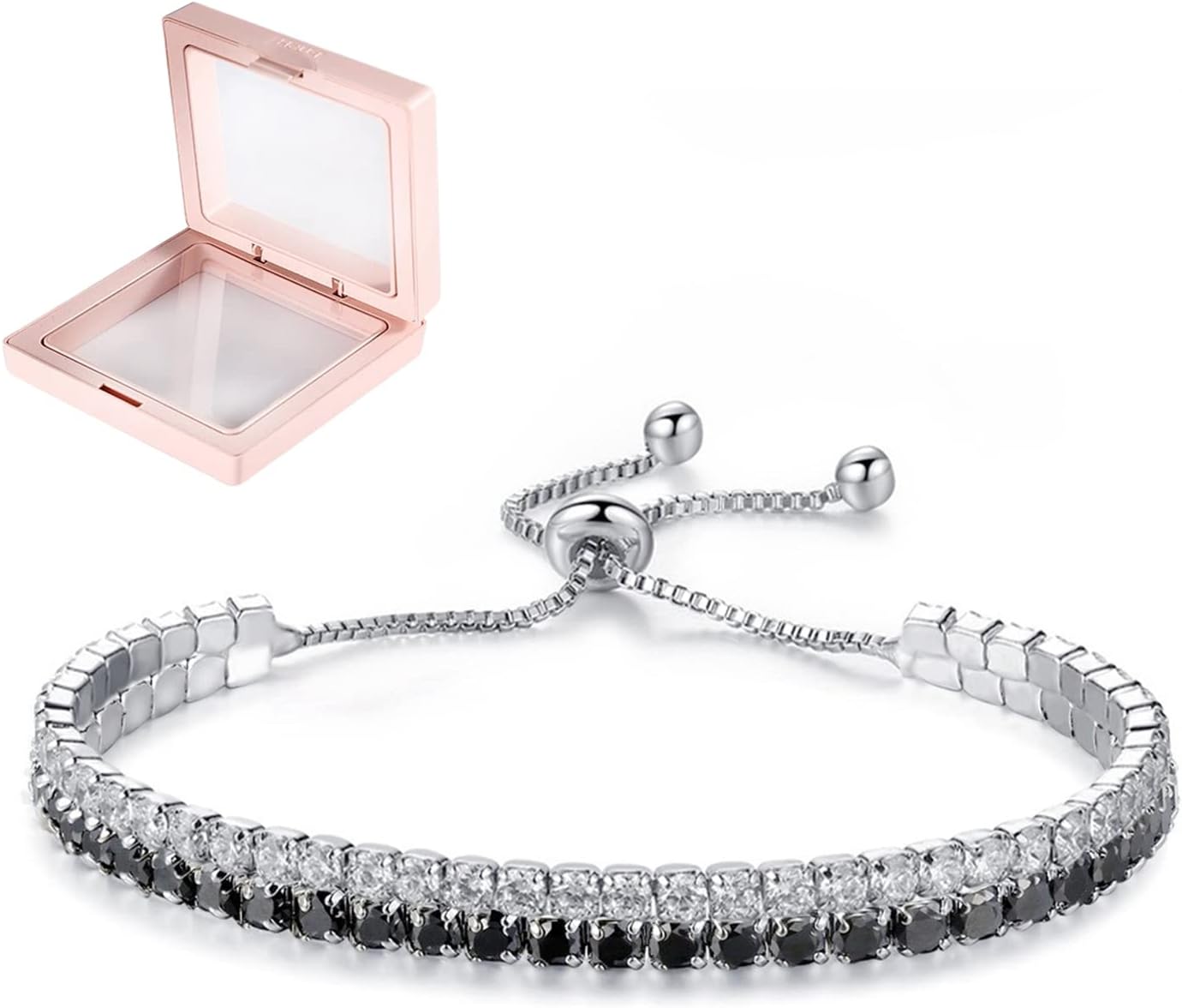 PptaboldTennis Bracelets for Women White Black Cubic Zirconia Classic Adjustable Crystal Slider Plated Silver Bracelet Fashion Jewelry Wedding Gift for Girls Women Wife Mom