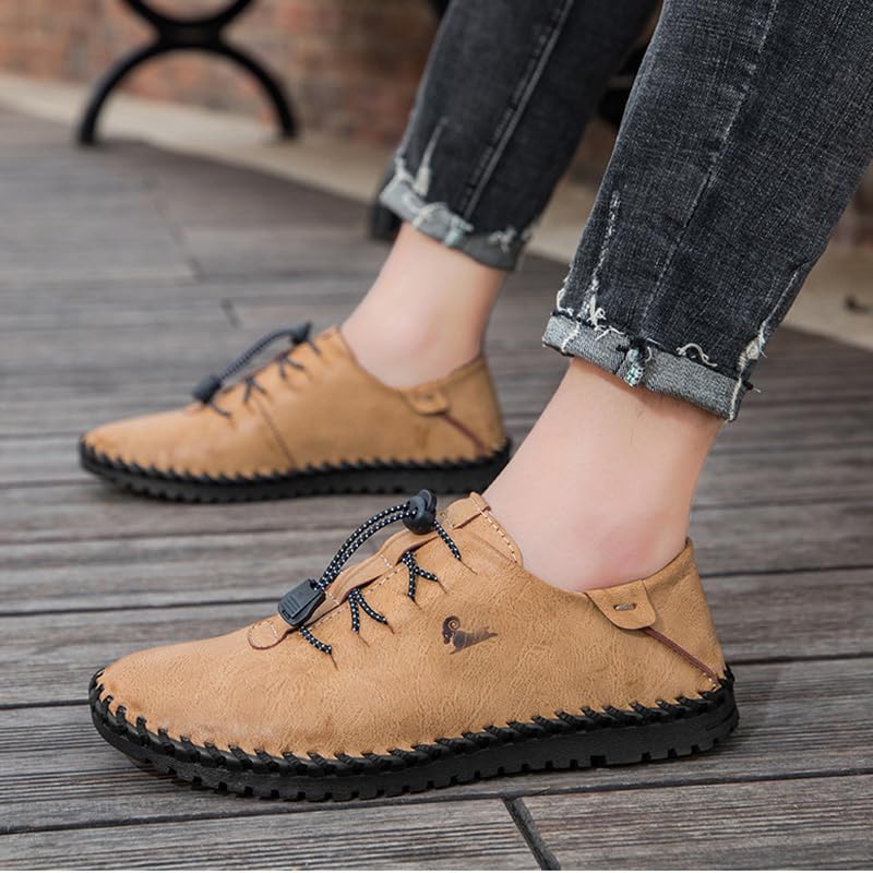 RiceelSor Men's Casual Leather Hand Stitched Low-Top Loafers No Tie Elastic Locks Solid Summer Breathable Fashion Work Office Business Walking Sneakers2