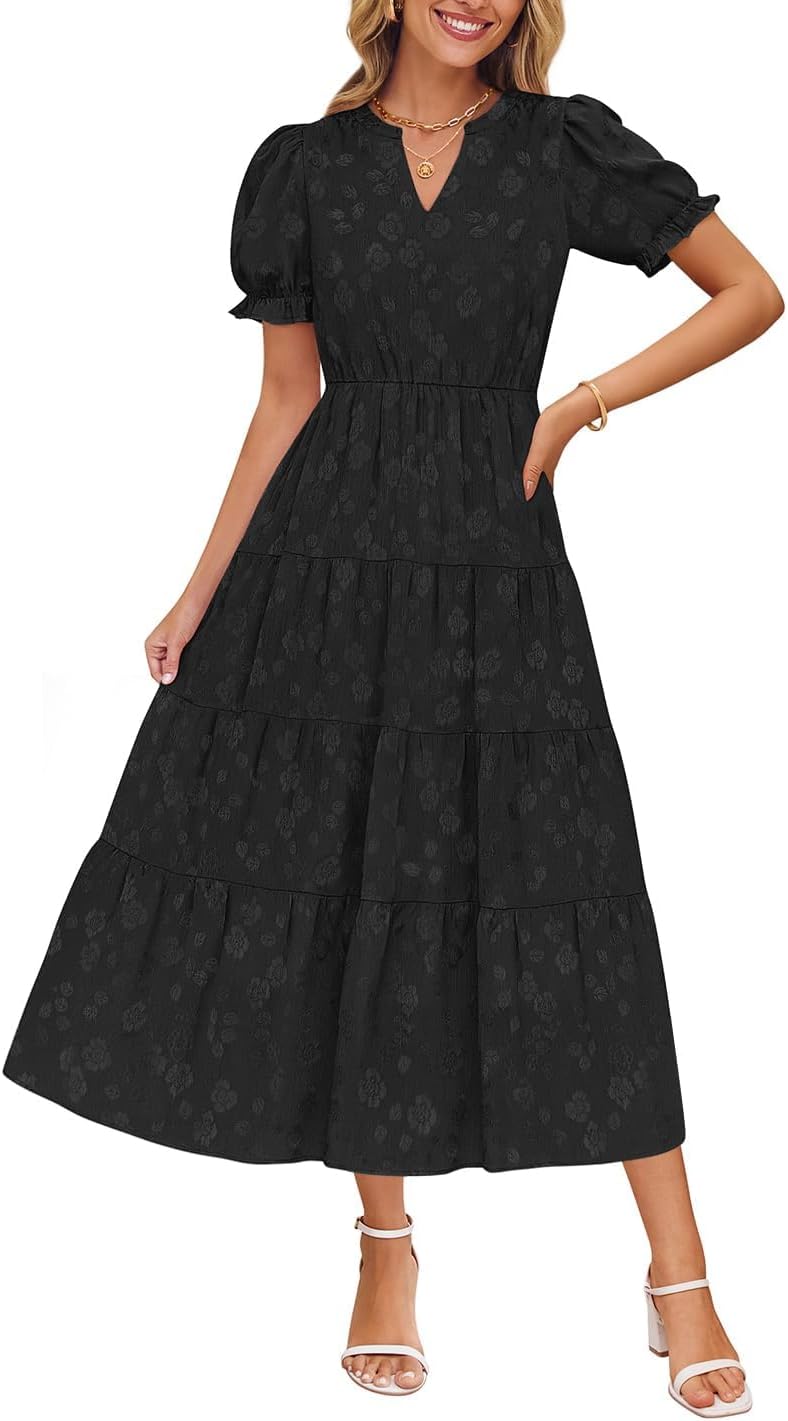 ZESICA Womens 2026 Summer Puff Short Sleeve Midi Dress Floral V Neck Textured Ruffle Flowy Beach Party Dresses