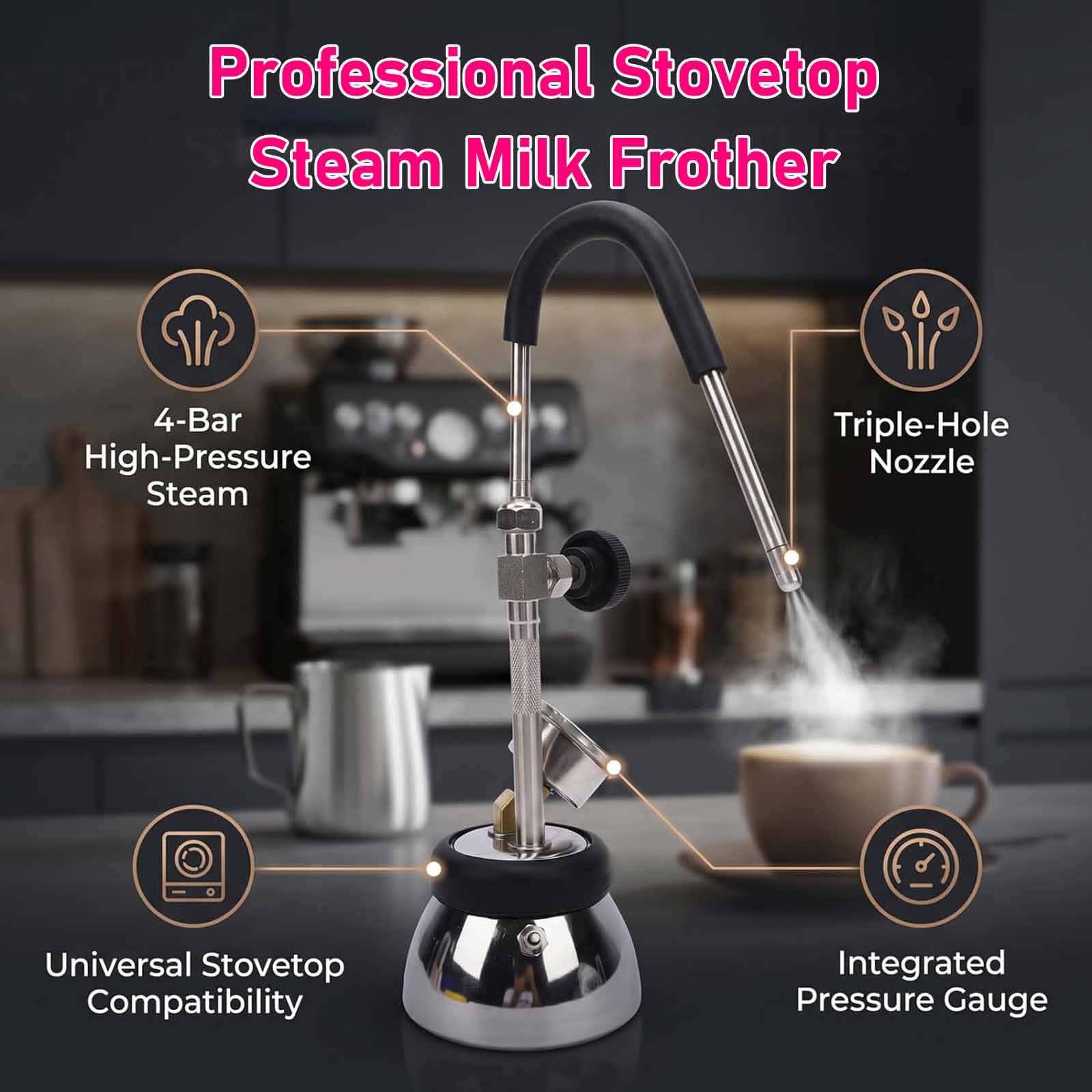 Espumador De Leche Eléctrico con Varilla Vapor Ajustable Multiángulo 60° Y Boquilla 3 Orificios, Presión De 4 Bares, Capacidad De 300 Ml, Acero Inoxidable, para Lattes, Capuchinos
