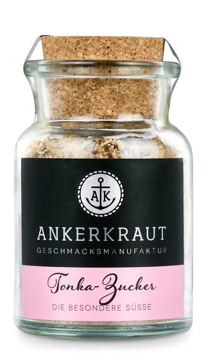 Ankerkraut Braun Tonka-Zucker, 110G Im Korkenglas, Zuckermischung Mit Gemahlenen Tonkabohnen Perfekt Für Süßspeisen Und Desserts