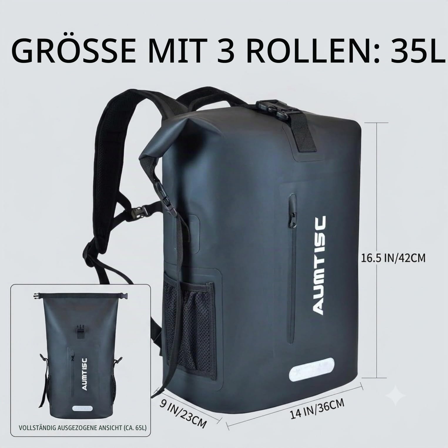 AUMTISC Rolltop Rucksack Wasserdicht 35L - TPU Dry Bag Backpack für Herren Damen | Outdoor Sportrucksack für Kajak, Fahrrad, Camping, Wandern, Angeln, Motorrad