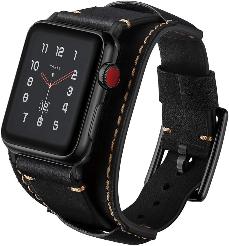Leotop Unisex-Adults Genuine Leather Cuff Replacement Bracelets with Stainless Steel Clasp for iWatch Series 44/42mm Black - Image 3