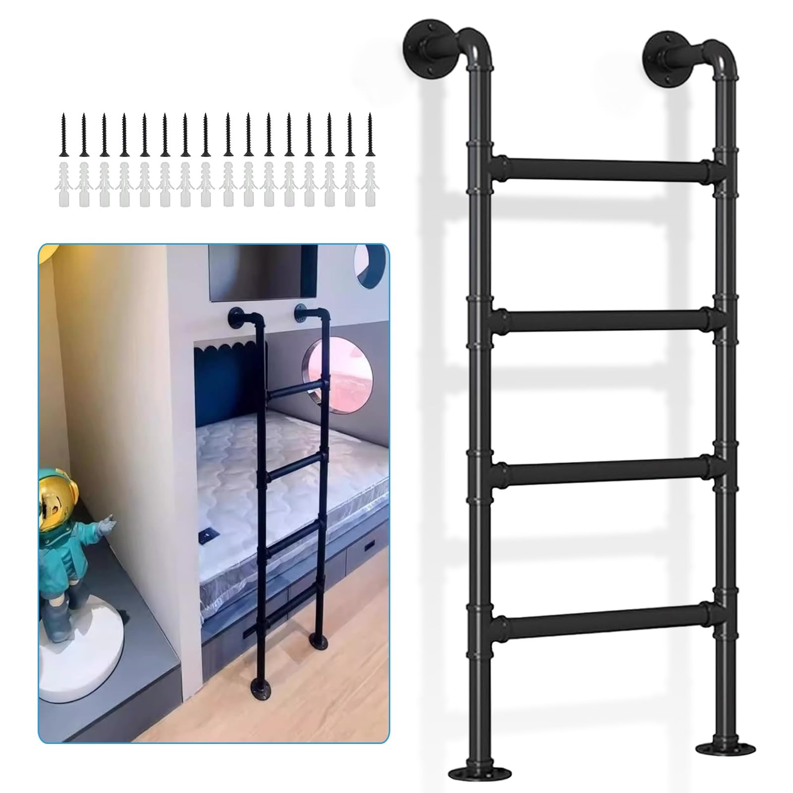Échelle de lit superposé en fer forgé noir pour fixation murale robuste