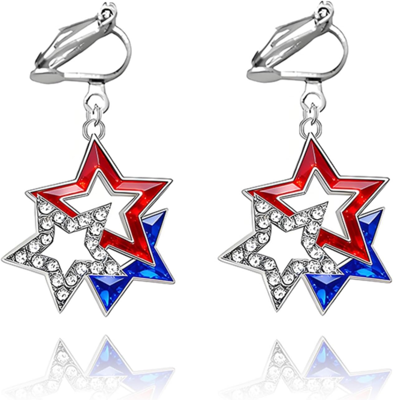 4th of July Independence Day Clip on Earring for Women American Flag Dangle Earrings Patriotic Red White Blue USA Earring, Pave Crystal Stud