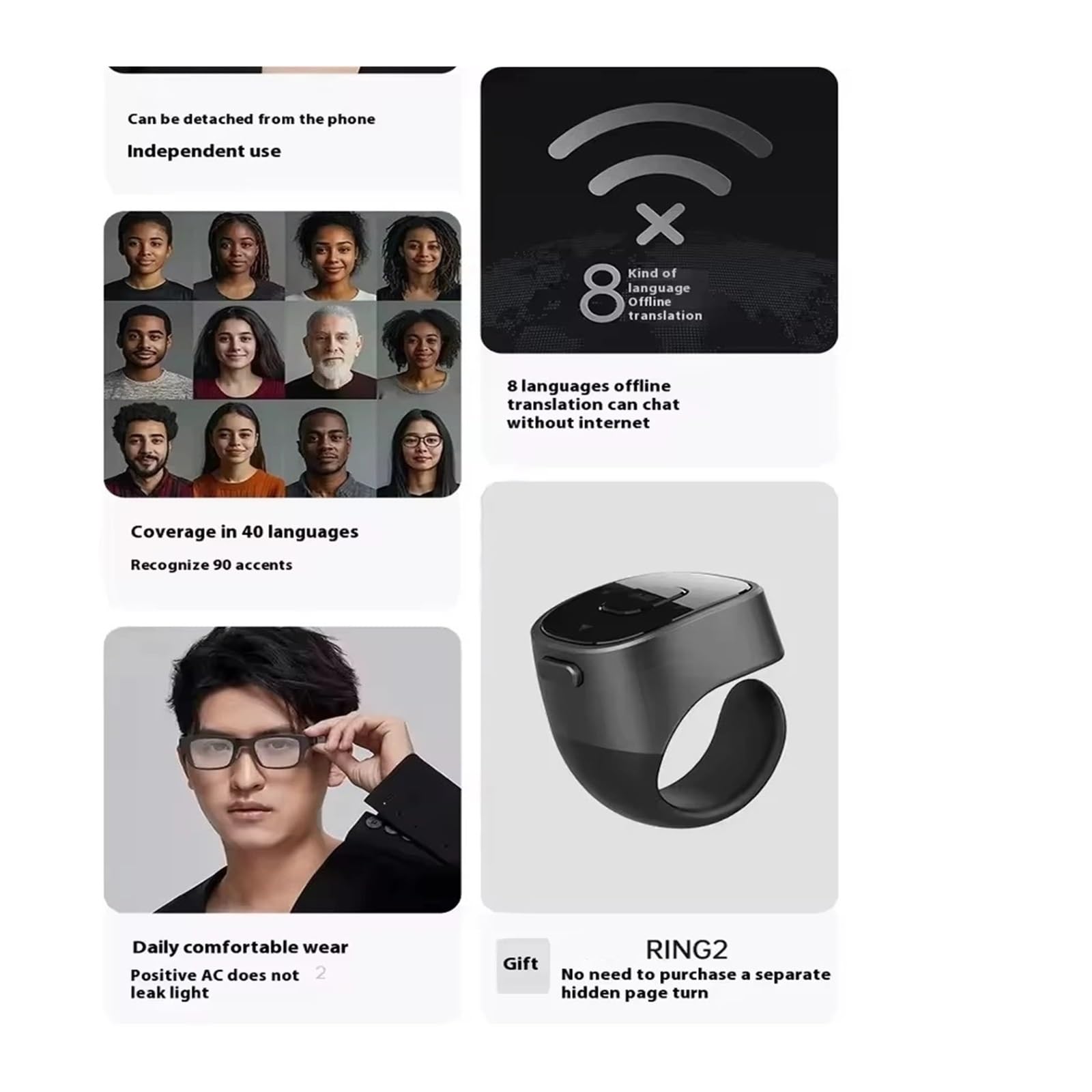 Gafas Inteligentes GO2 Translation AR con traducción en Tiempo Real, compatibles con 40 Idiomas. Inalámbricas con Bluetooth for comandos de Voz en Viajes.