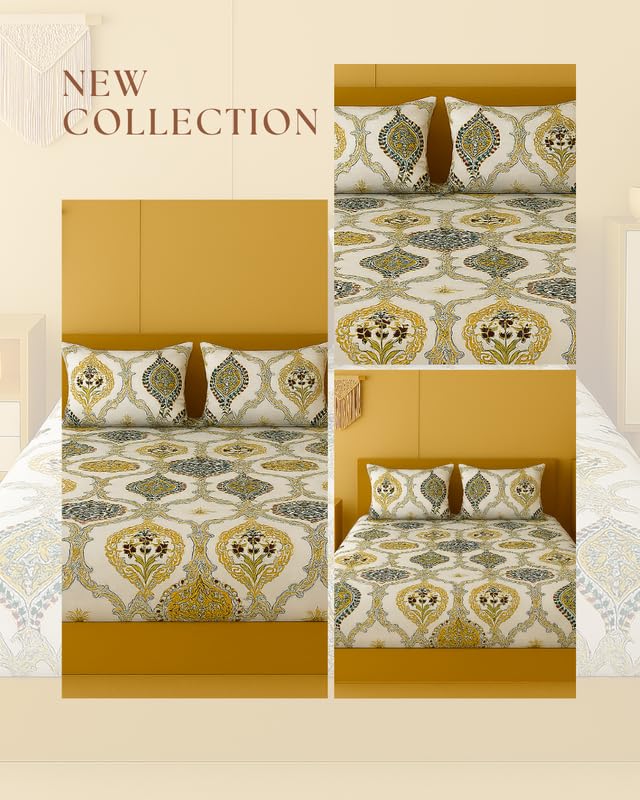 Image of NEW LEAF 320 TC Cotton All Around Elastic Fitted Printed Bedsheets King Size, Premium Fitted Bedsheets King Size for Double Bed with 2 Pillow Covers, Size- 78 inch x 72 inch Traditional White