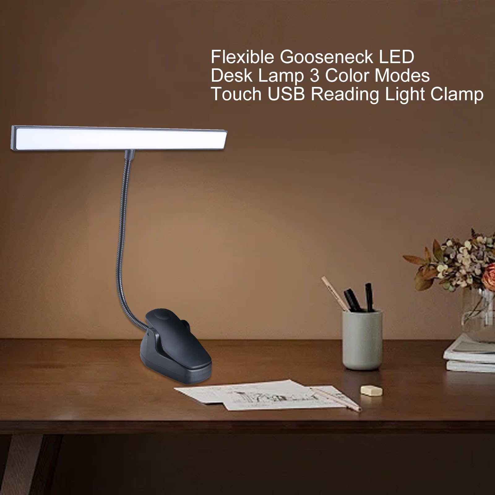 Lampe de bureau LED rechargeable par USB avec 3 modes de couleur, contrôle tactile, pince flexible pour la lecture, l'étude, les établis