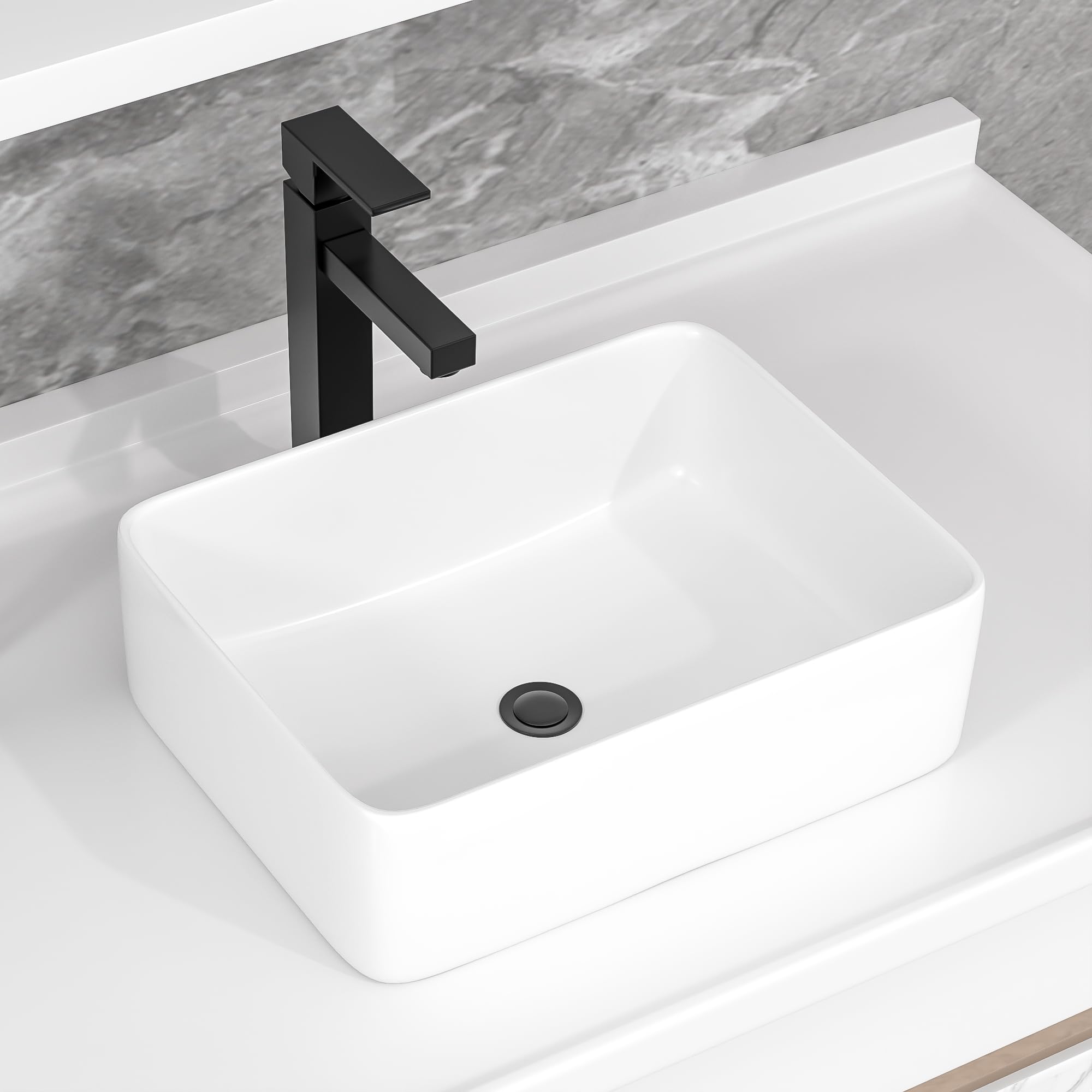 Fulorni 19"x15" Bathroom Vessel Sink Rectangular - White Porcelain Ceramic Above Counter Rectangle Vanity Lavatory Bath Sink Basin