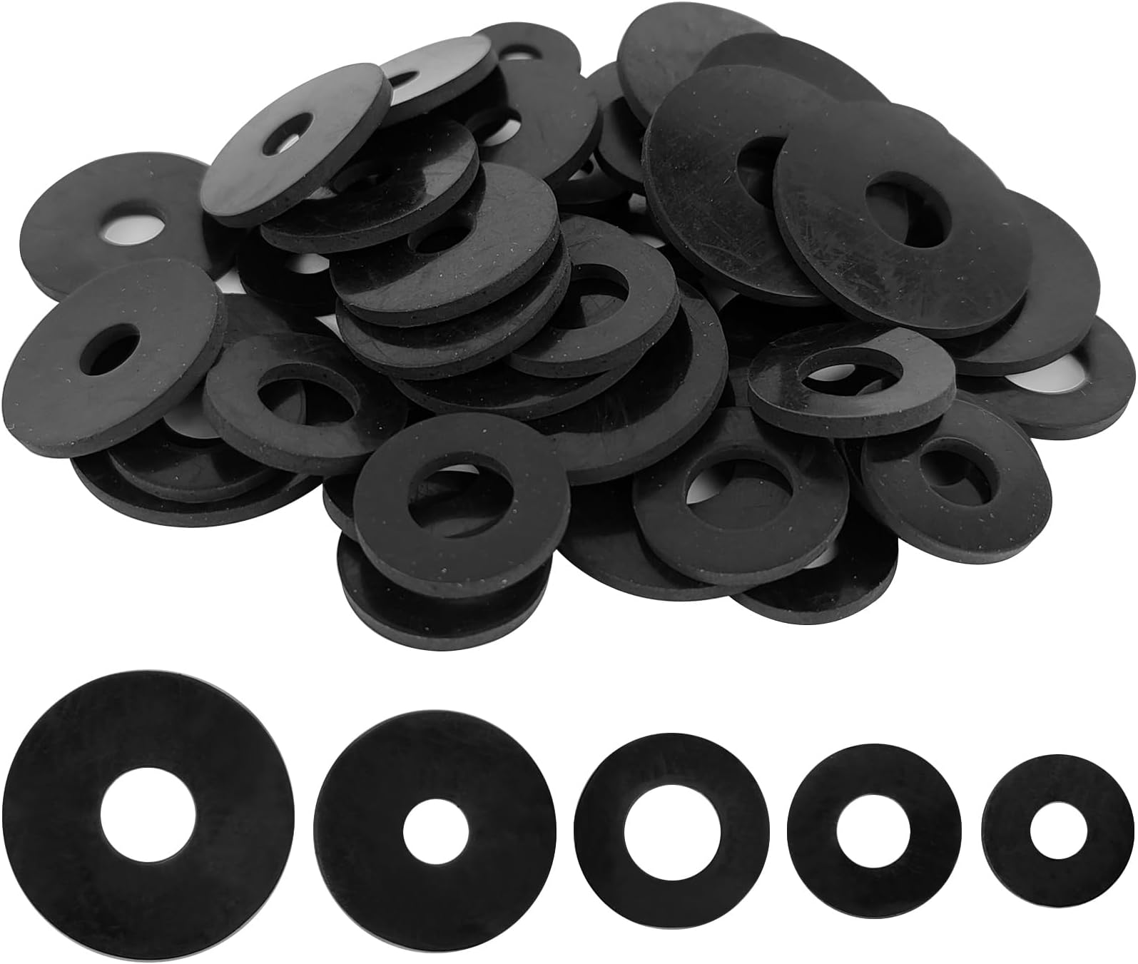 50 Pcs Rubber Washers Assortment Kit 16/18/20/25/30mm (5 Sizes) Black Rubber Washers Vibration Absorbing Pads Faucet Washers for Household Faucets Garden Hoses Screws and Bolts