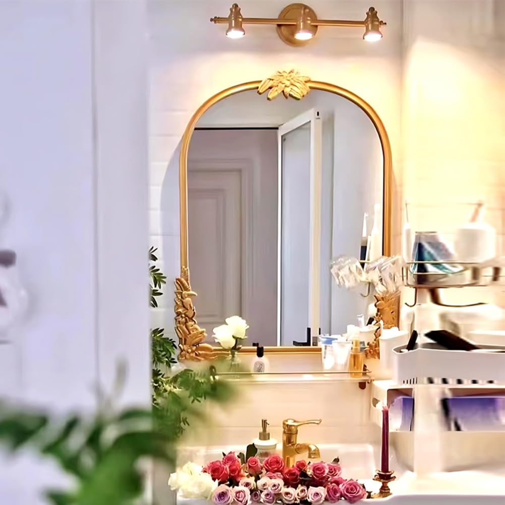 Arch lustro ścienne w stylu vintage, antyczne złoto, lustro łazienkowe z ręcznie rzeźbioną ramą, ozdobna toaletka do sypialni, salonu, przedpokoju, przedpokoju, przedpokoju (60 x 80 cm)