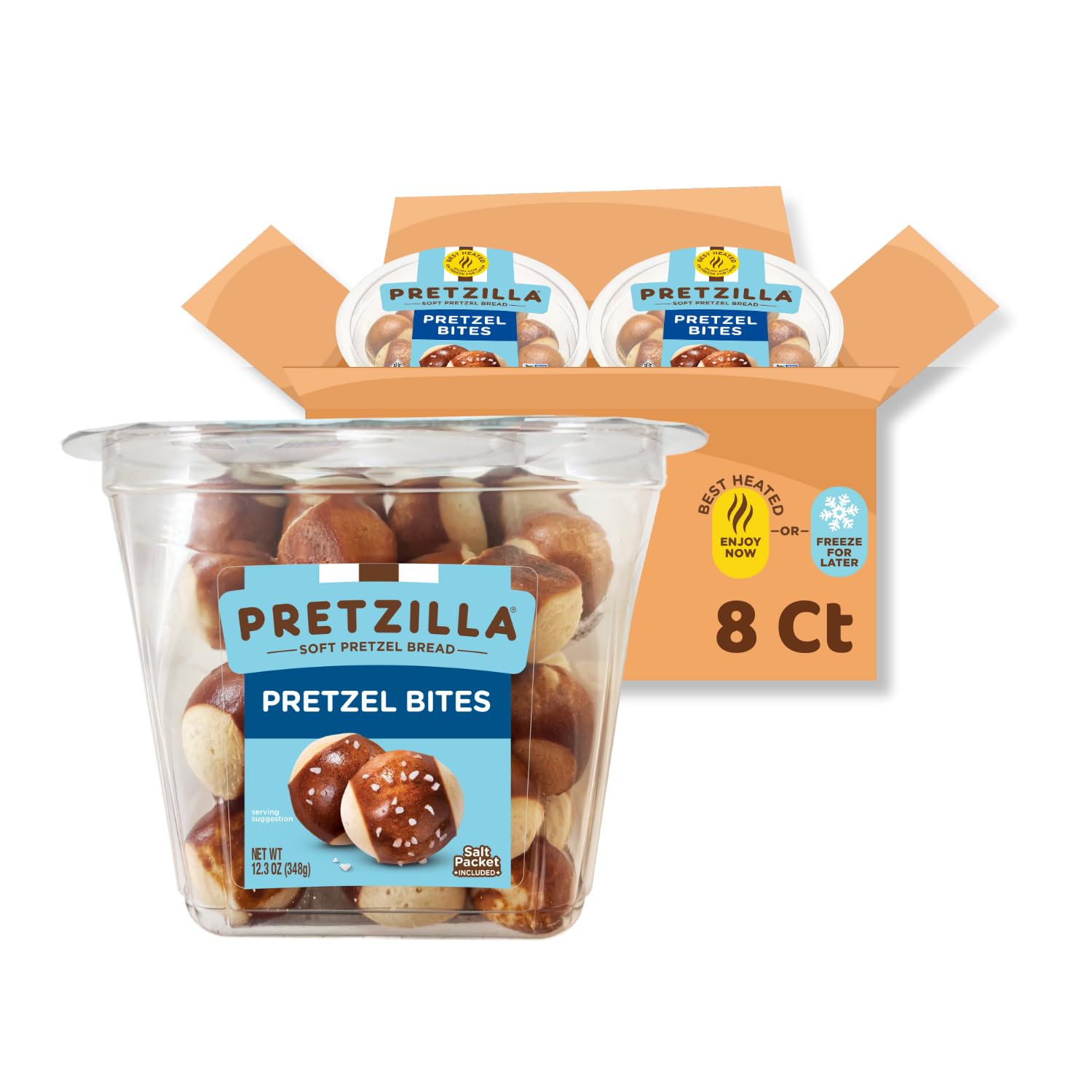 Pretzilla Soft Pretzel Bites Tub with Salt Packet, 12.3 oz Snack Pretzel Bread, Vegan Non GMO Nut Free Ready-to-Eat Party Appetizer Bulk Fresh Bread (Case of 8)