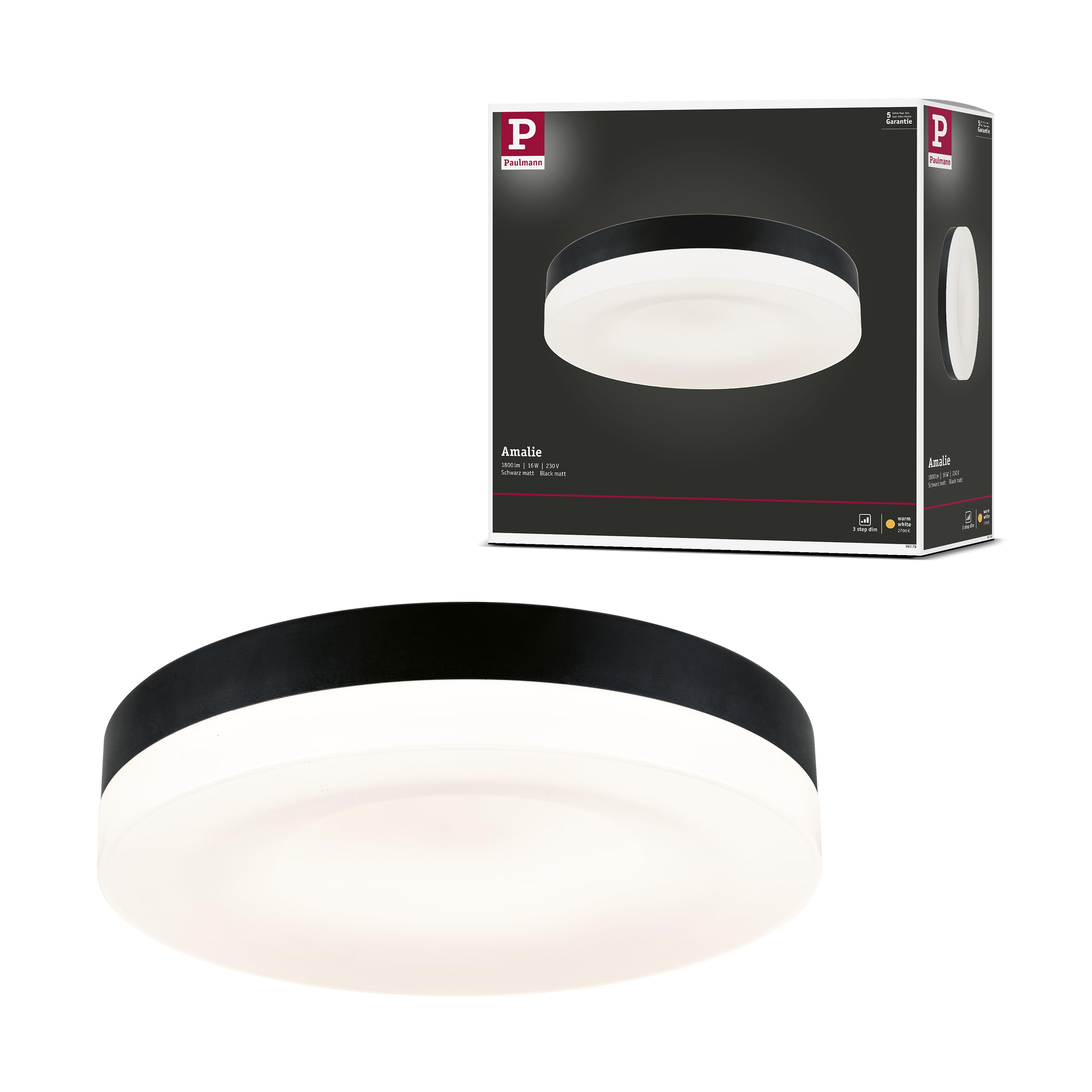 Paulmann 96778 LED Ceiling luminaire 3-Step-Dim Amalie 2700K 1000lm 230V 16W dimmable Black matt wall and Ceiling luminaire