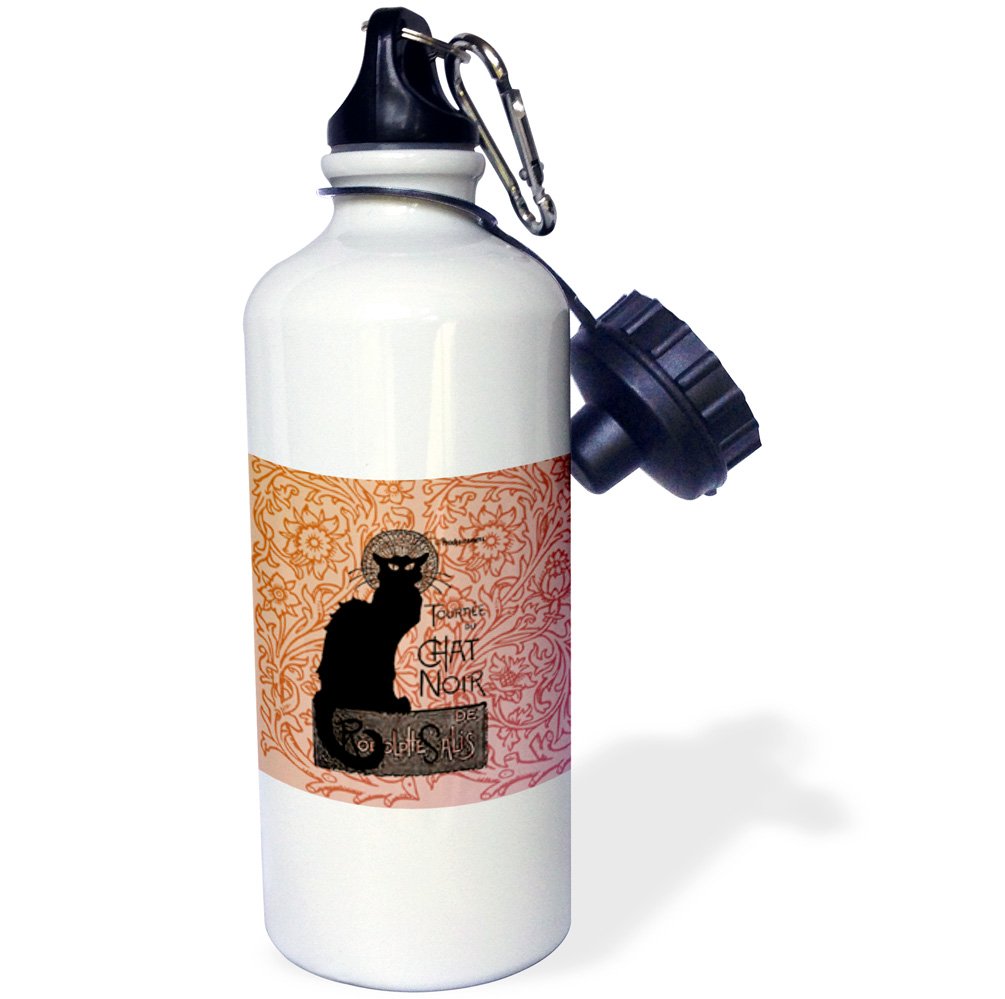 3dRose Le Chat Noir Vintage French Black Cat-Sports Water Bottle, 21oz (wb_79211_1), Aluminum, White