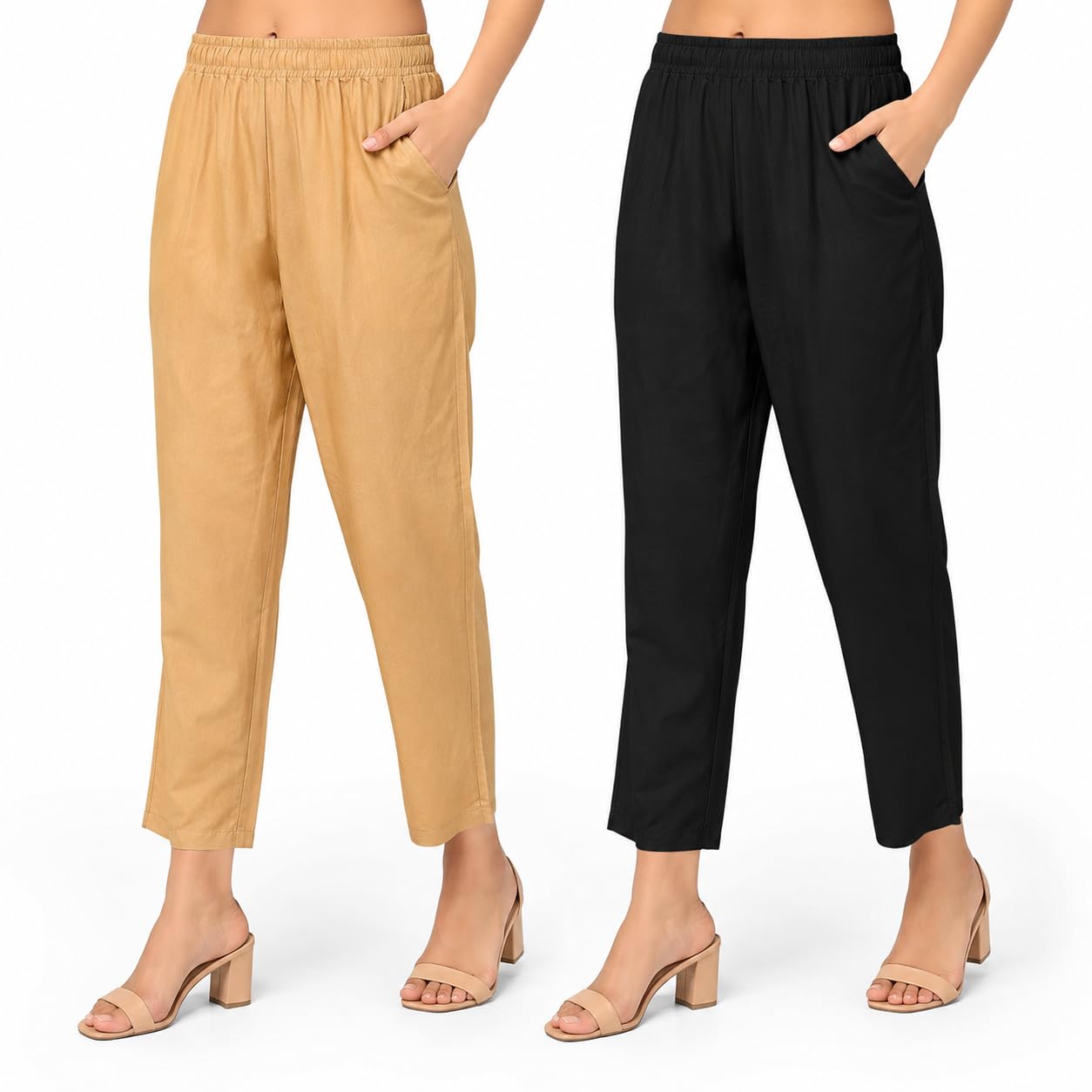 Women's Cotton Straight Pants with Elastic Waist and Pockets-picture-10