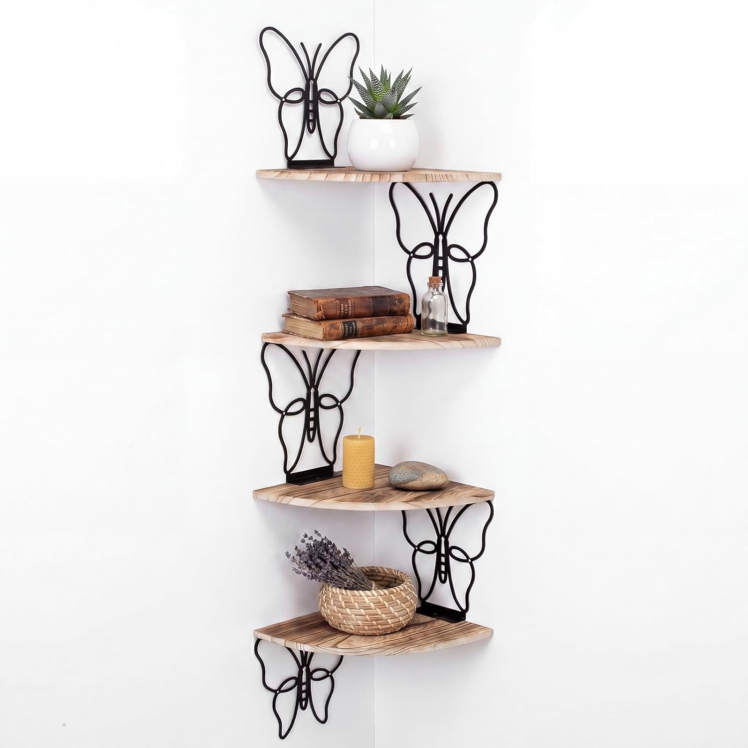 4 Tier Black Butterfly Wall Mount Corner Shelves Floating Corner Storage Wood Shelves Decorative Rustic Butterfly Wall Decor for Bedroom Living Room Bathroom Home Kitchen