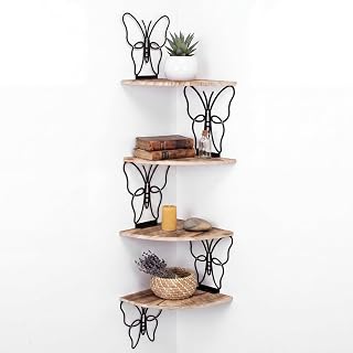 4 Tier Black Butterfly Wall Mount Corner Shelves Floating Corner | Storage Wood Shelves, Decorative Rustic Butterfly Wall Decor, for Bedroom Living Room Bathroom Home Kitchen