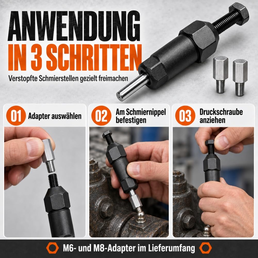 Schwerlast Schmiernippel Reinigungswerkzeug, M6/M8-Adapter Grease Fitting Cleaner mit Spiral-Drucksystem, Legierter Stahl, Fettdüse, zum Entstopfen, für Bagger und LKW. (Lang+Kurz)