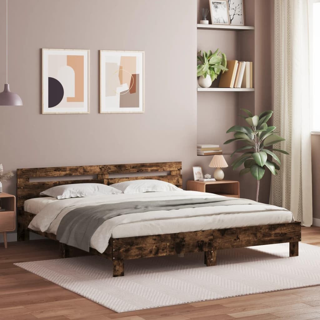 vidaXL Bed Frame with Headboard and LED, Bed Base for Bedroom Guest Room, Mattress Foundation for Double, Bedstead, Smoked Oak 200x200 cm — image 1