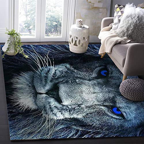 YOKOU Area Rugs Mat, Gray Lion Head with Blue Eyes Wild Animal Rectangle Floor Carpet with Non-Slip Rubber Backing for Living Room Office Kids Room Bedroom, 2 x3