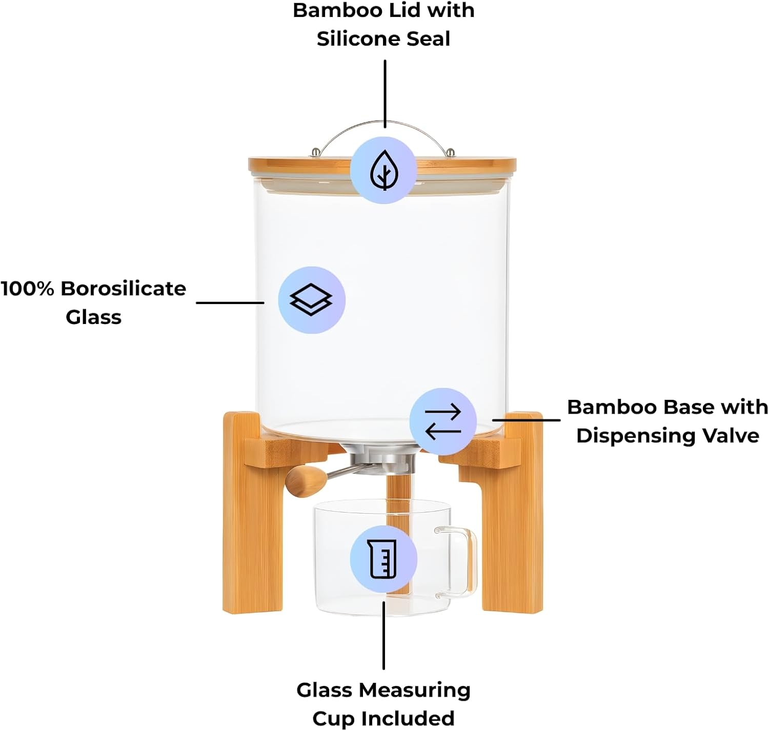Lucco Glass Rice Dispenser with Wooden Stand - 5L Airtight Food Storage Container with Bamboo Lid for Flour, Sugar, Beans, Cereal & Ground Coffee - Premium Borosilicate Glass Design