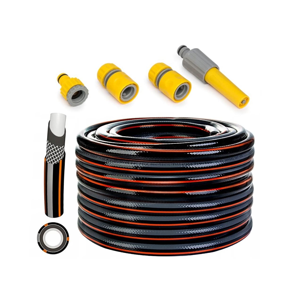 Braided Reinforced 4-Layer Garden Hose Pipe 1/2" -4 Connectors Option 15-50m Anti-Kink Design (30m)