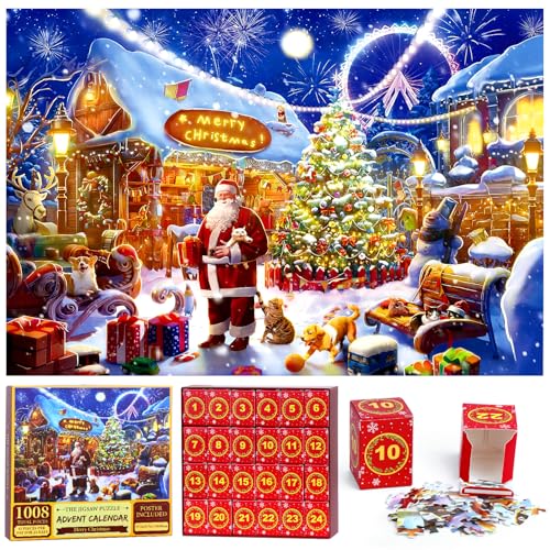 FTUREERA Puzzle Adventskalender 2024, 1008 Teile Weihnachts Jigsaw Puzzle, 24 Tage Countdown bis Weihnachten Puzzle, Adventskalender Weihnachtspuzzle Weihnachtsgeschenke für Erwachsene Kinder