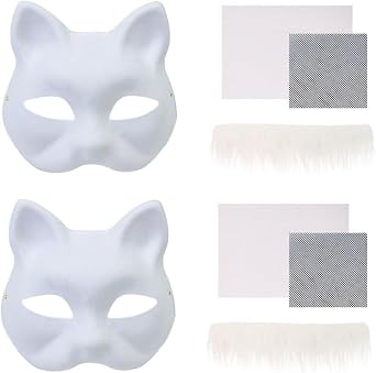 2set Therian Cat Mask Kit, Tiermaske mit realistischem Druck und Gummizug, Blank Foxcat Mask with Realistic and Eye Mesh,DIY Therian Maskmaking Kit,ideal für Tier Faschingskostüme zum Karneval
