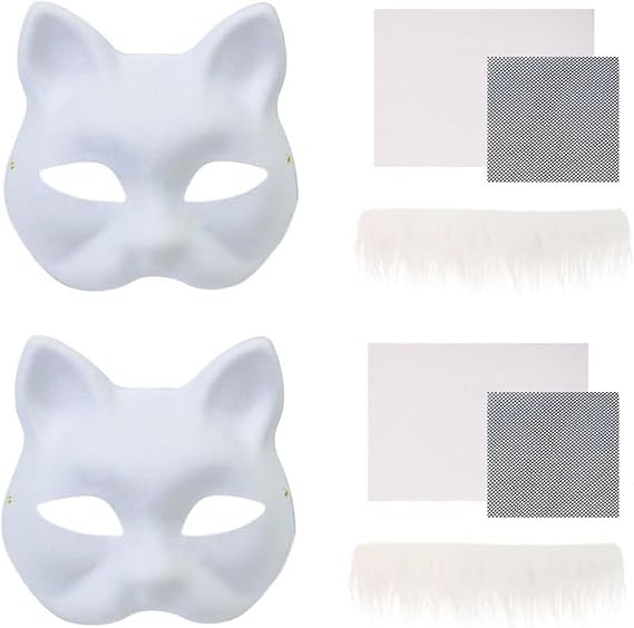 2set Therian Cat Mask Kit, Tiermaske mit realistischem Druck und Gummizug, Blank Foxcat Mask with Realistic and Eye Mesh,DIY Therian Maskmaking Kit,ideal für Tier Faschingskostüme zum Karneval