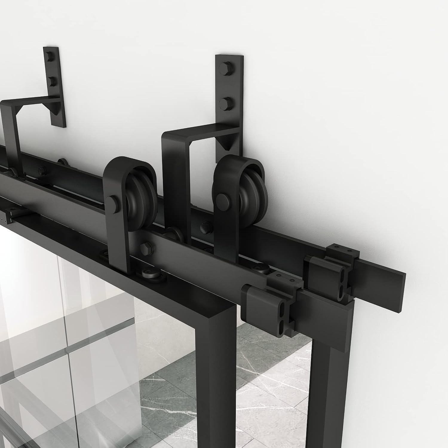 Close-up of JUBEST Bypass Glass Barn Door rollers and soft-close mechanism
