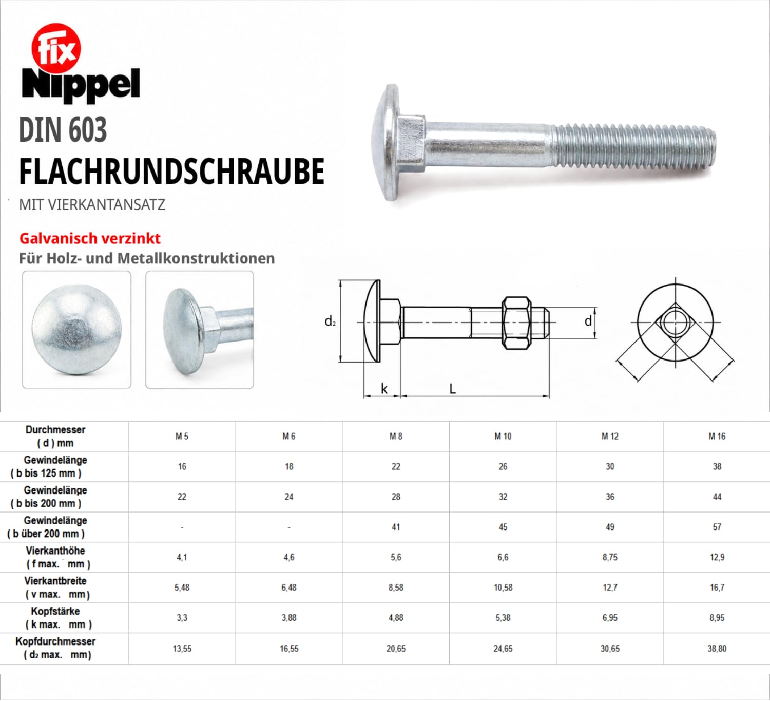 Schlossschrauben DIN 603 mit Vierkantansatz und Sechskantmutter (25 Stück, M10 x 100 mm) Stahl 4.6 galvanisch verzinkt, Flachrundkopf für Möbelbau, Innenausbau, Werkstatt und geschützte Holzprojekte