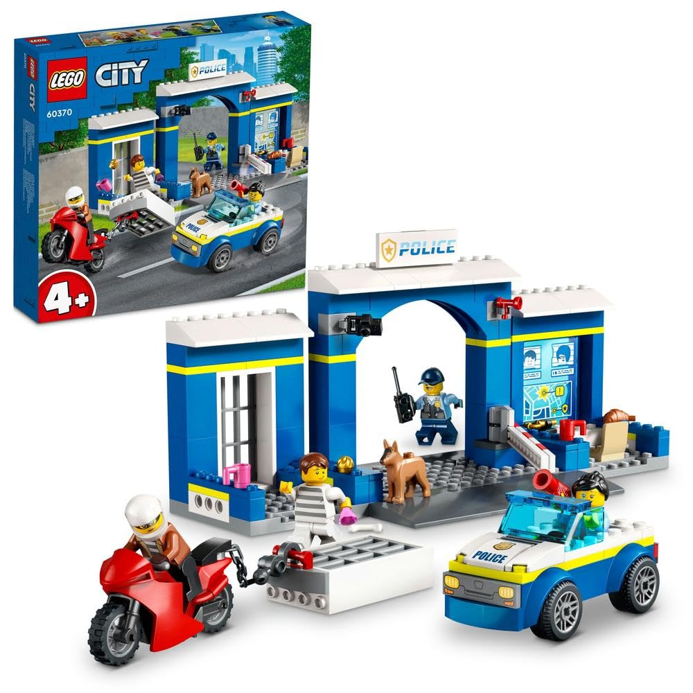 60370 City Police Station Chase Playset with Car Toy and Motorbike, Breakout Jail, 4 Minifigures and Dog Figure, Toys for Kids, Boys & Girls 4 Plus Years Old