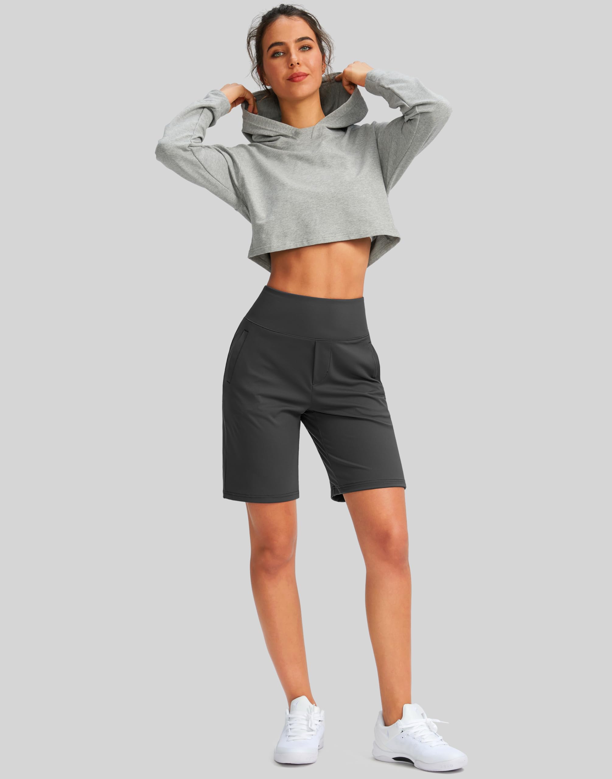SANTINY Bermudas de cintura alta de 9 pulgadas para mujer, con 4 bolsillos, longitud hasta la rodilla, pantalones cortos largos para mujer, entrenamiento, atletismo, casual