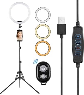 LED Ring Light 12 Inch LED Ring Lights With Phone Holders Remote Shutter Tripod Light Stand 3 Color Temperature Modes USB Powered for Live Stream Makeup (Black,12 Inch)