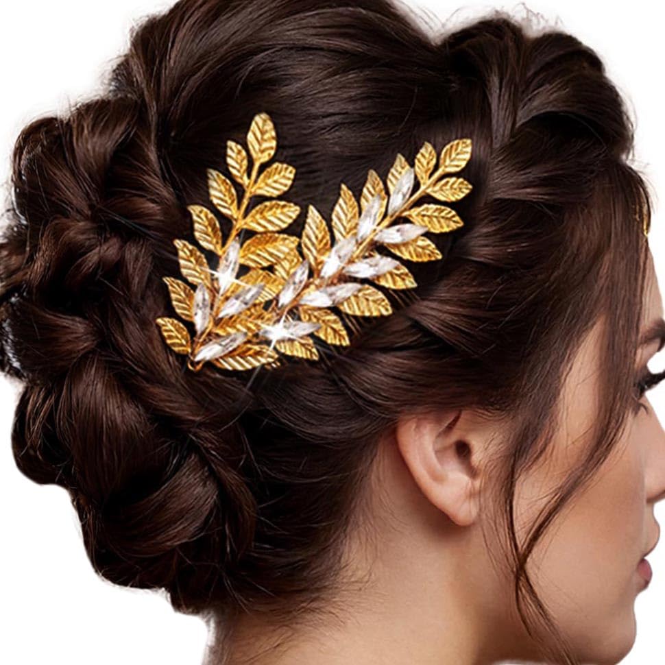 Peine para boda con hojas doradas y cristales miniatura 1